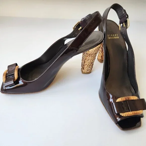 Stuart Weitzman Brown Patent Leather Slingback Heels Woven Block Heel Bows 9.5 M - Picture 1 of 15